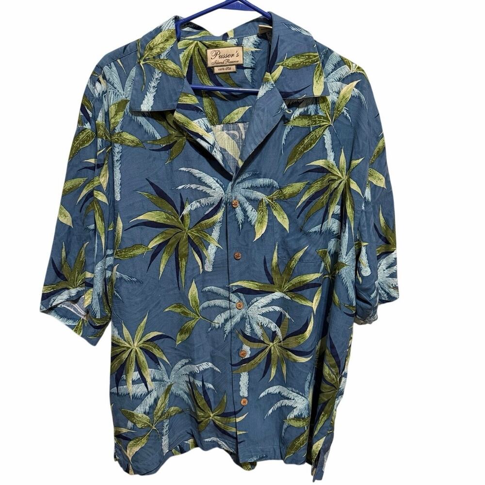 Pusser’s Blue Green Men’s Silk Short Sleeve Button Up Tropical Hawaiin Shirt L